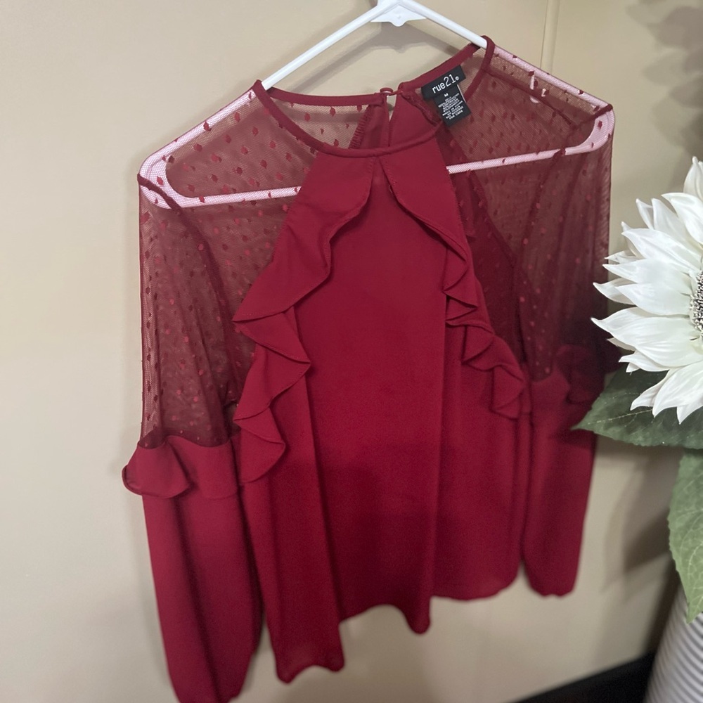 Rue21 Burgundy Ruffled Blouse with Sheer Sleeves